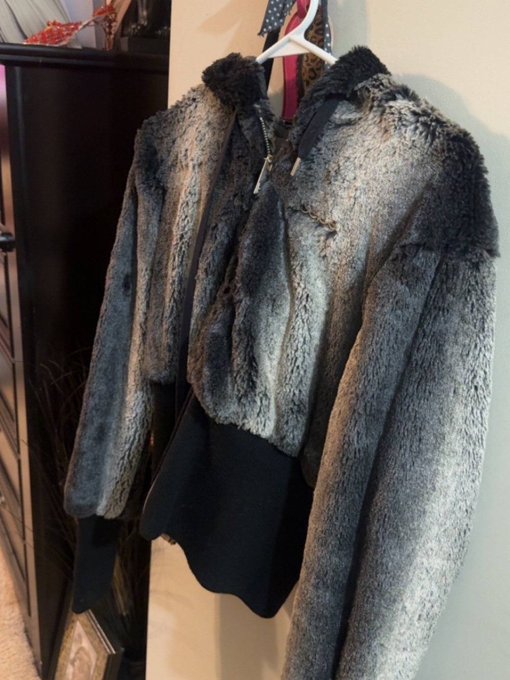 bebe Gray Faux Fur Teddy Jacket with Hood
